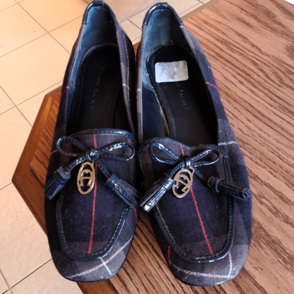 Etienne Aigner E-Vita Blue Plaid Fabric Shoes Leather Trim Bow Tassels‎ Size 7